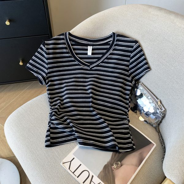 Simple stripe T-shirt pure cotton pullover tops for women